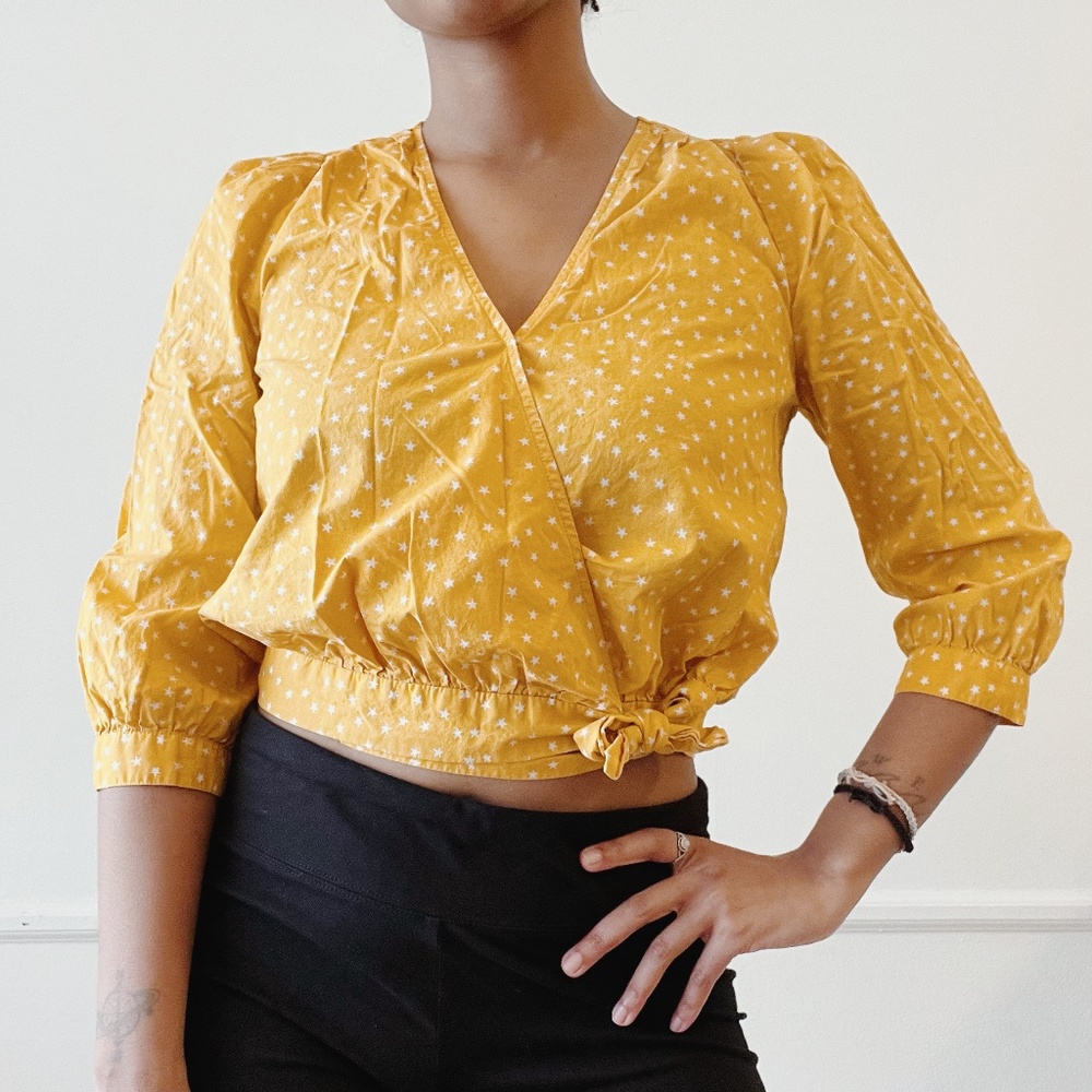 madewell yellow star print wrap top